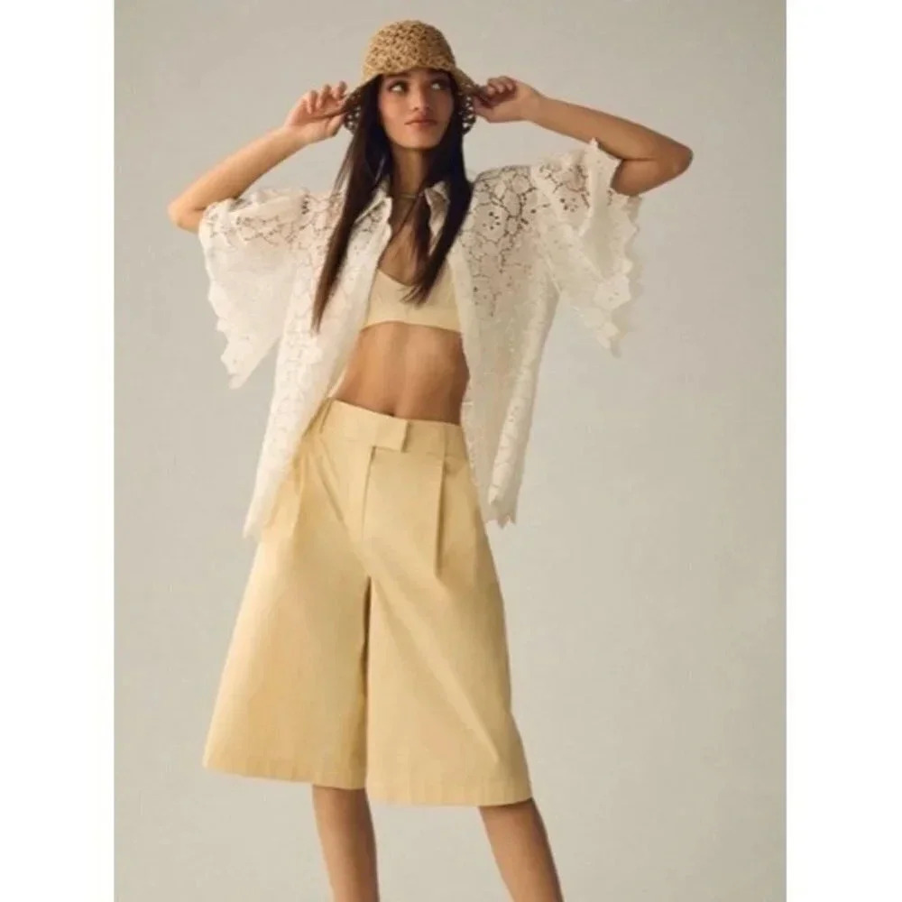 Anthropologie Cream/Tan Wide-Leg Bermuda Trousers